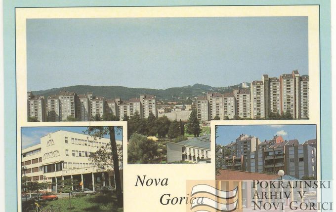 . Razglednica ulice Gradnikove brigade, odposlana leta 1994. &copy;hrani Pokrajinski arhiv v Novi Gorici - PANG 667 Zbirke razglednic krajev Nova Gorica, št. 286