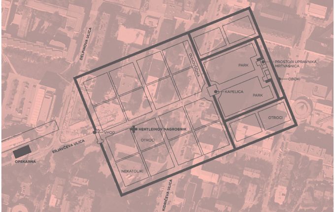 Reprodukcija načrta pokopališča. Ilustracija: Katja Pahor po načrtu iz članka Micheleja di Bartolomea v 89. številki revije Isonzo/Soča (dec. 2010/jan. 2011)..  