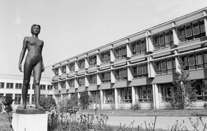 Osnovna šola Milojke Štrukelj in gimnazija, v ospredju spomenik ".  