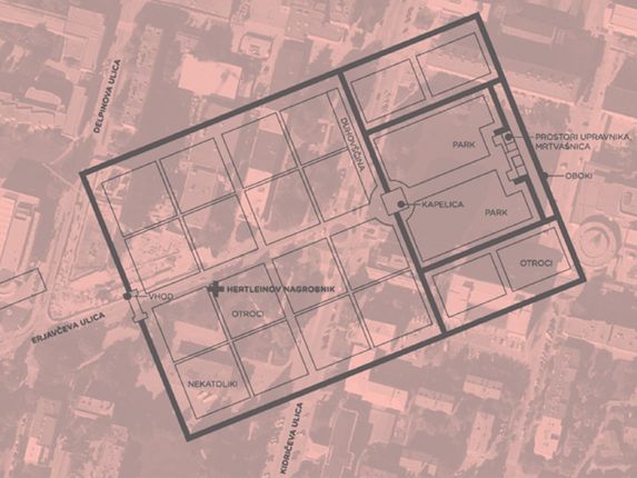 . Reprodukcija načrta pokopališča. Ilustracija: Katja Pahor po načrtu iz članka Micheleja di Bartolomea v 89. številki revije Isonzo/Soča (dec. 2010/jan. 2011). 