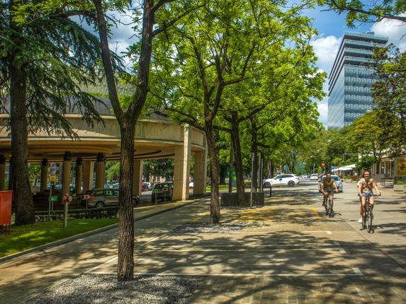 Delpinova ulica danes s Hotelom Park na levo in Edo center na desni v ozadju..  